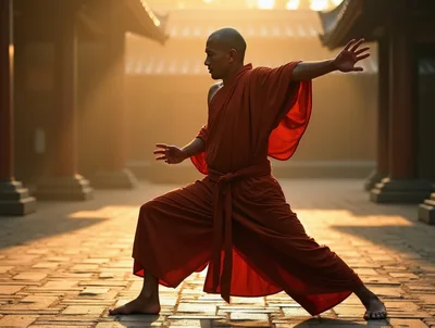 Buddhist Monk Practicing Martial Arts In Temple Courtyard