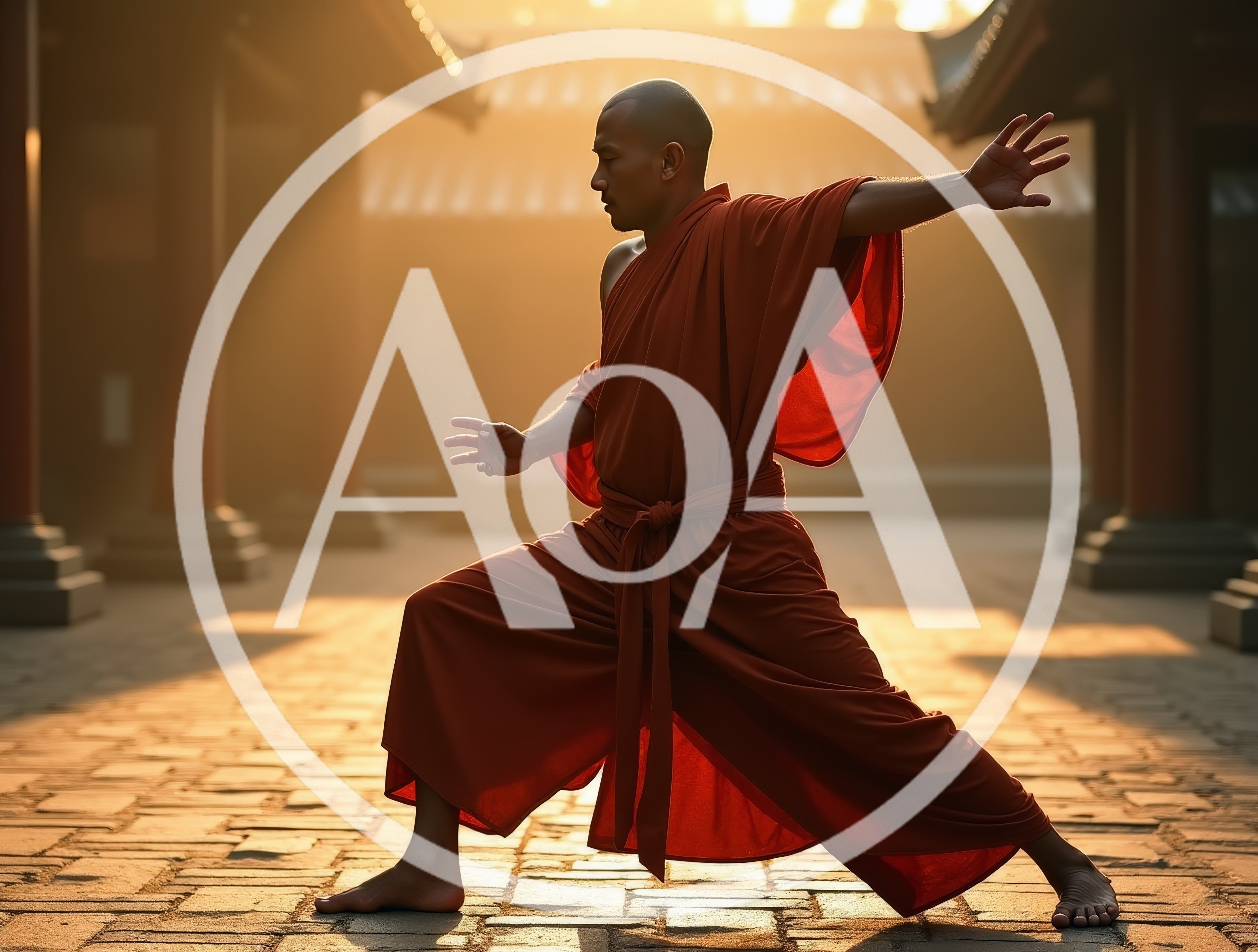 Buddhist Monk Practicing Martial Arts In Temple Courtyard