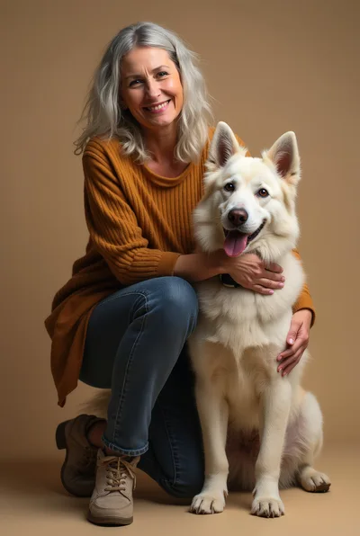 Mature Woman Kneeling With Her White Shepherd Dog
