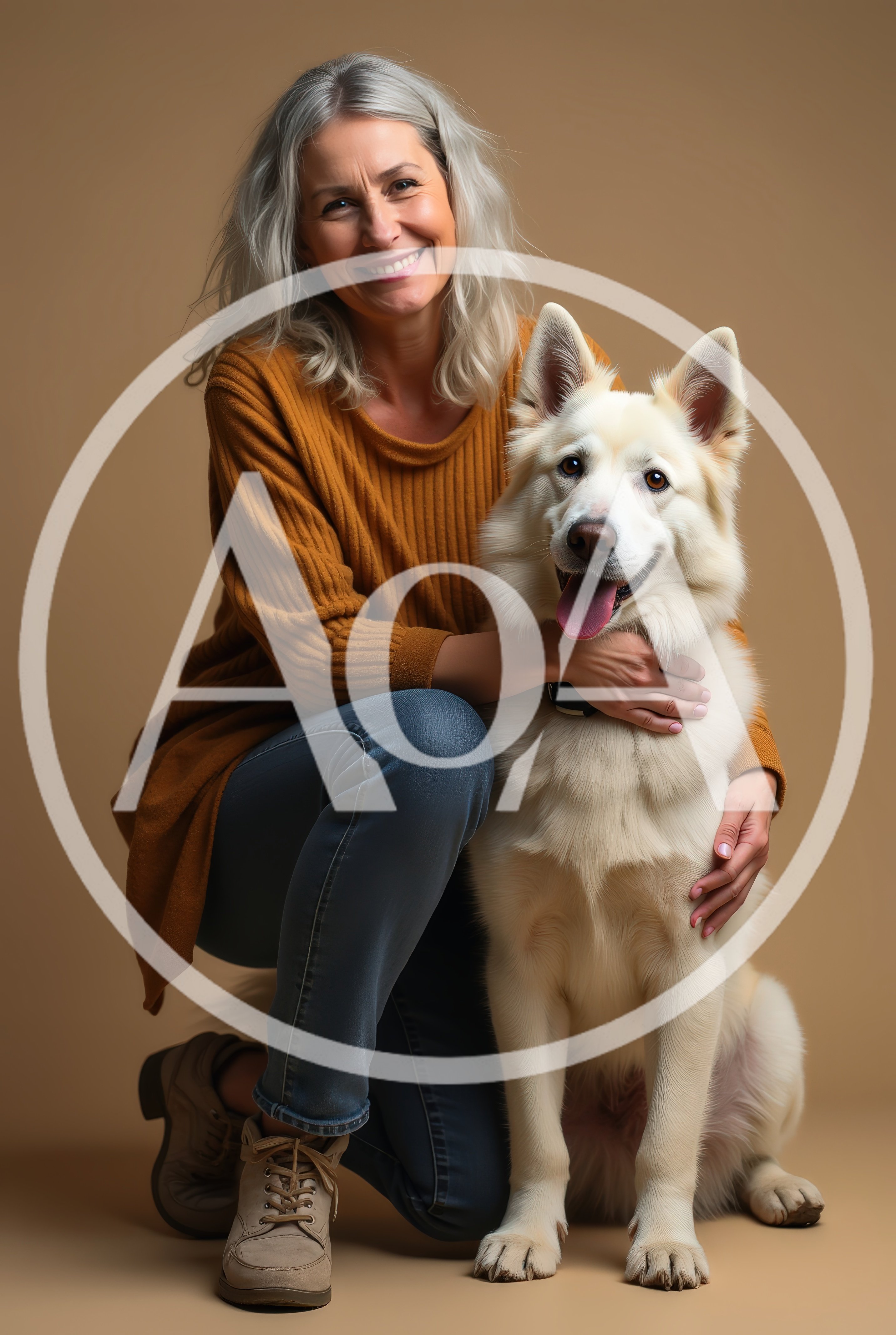 Mature Woman Kneeling With Her White Shepherd Dog