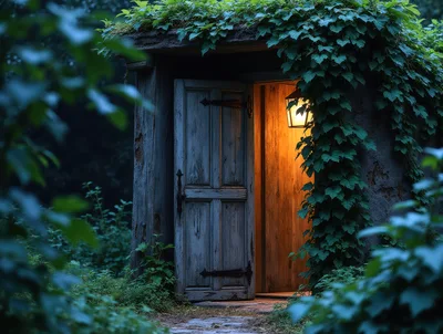 Old Wooden Doorway With Glowing Lantern In Overgrown Garden