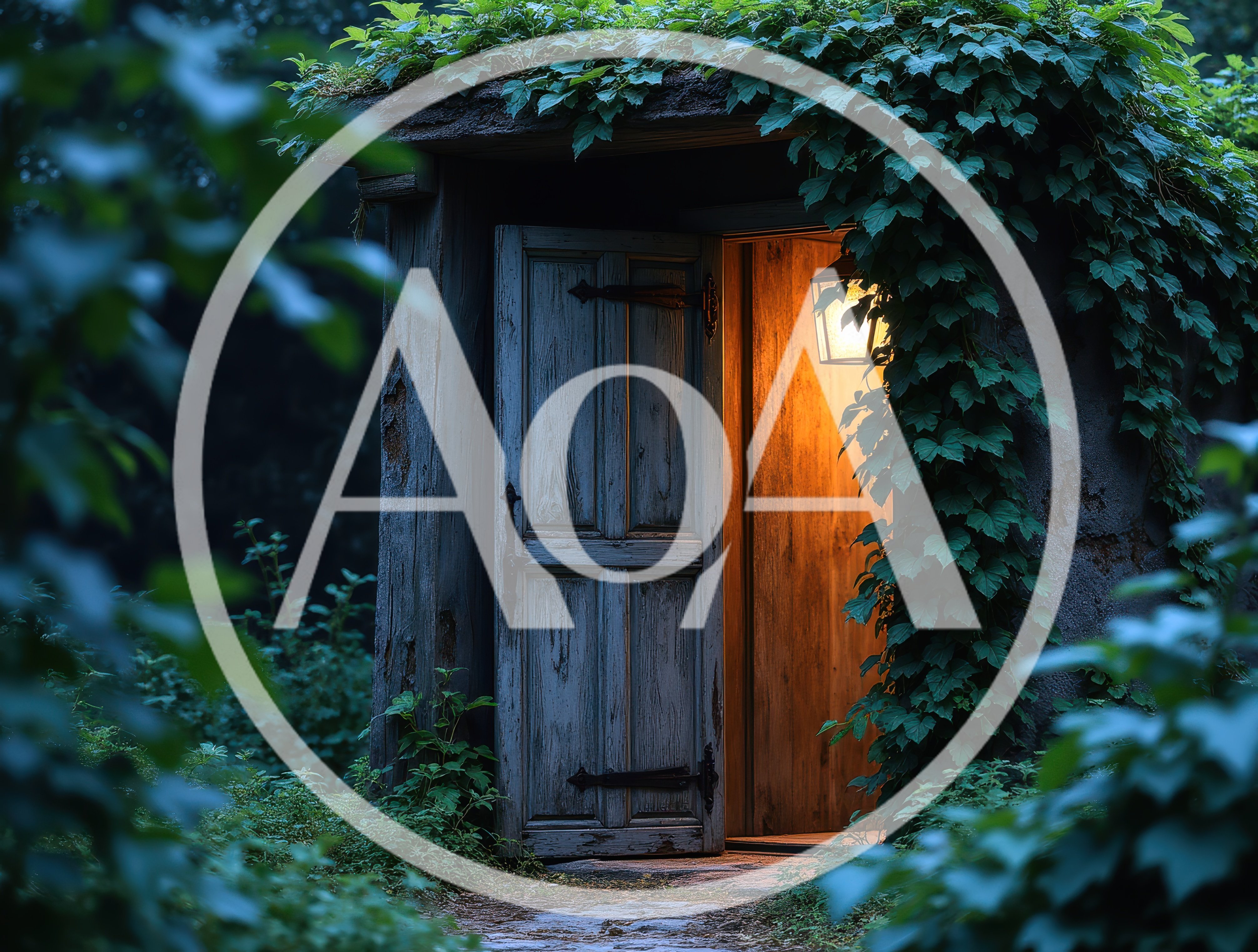 Old Wooden Doorway With Glowing Lantern In Overgrown Garden