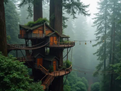 Elaborate Wooden Treehouse Complex In Misty Redwood Forest
