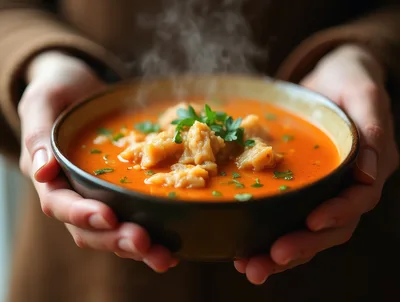 Person Holding A Bowl Of Steaming Tomato Soup