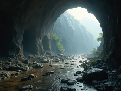 Sunlight Streaming Into A Large Natural Cave Entrance