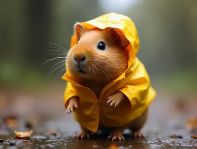 Cute Guinea Pig Wearing A Yellow Raincoat