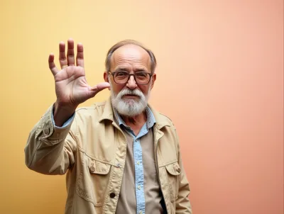 Senior Man Waving Hand Against Gradient Background