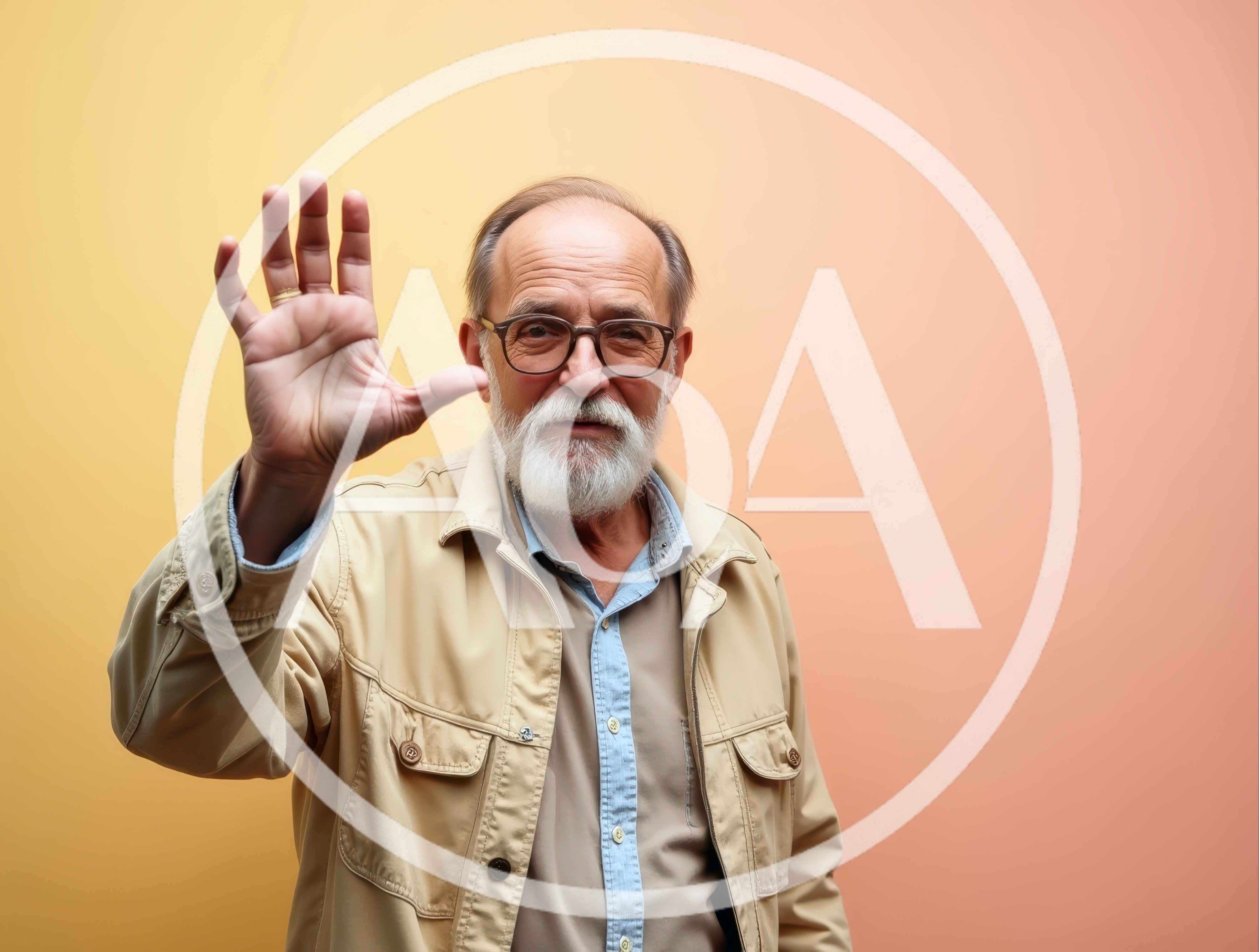 Senior Man Waving Hand Against Gradient Background