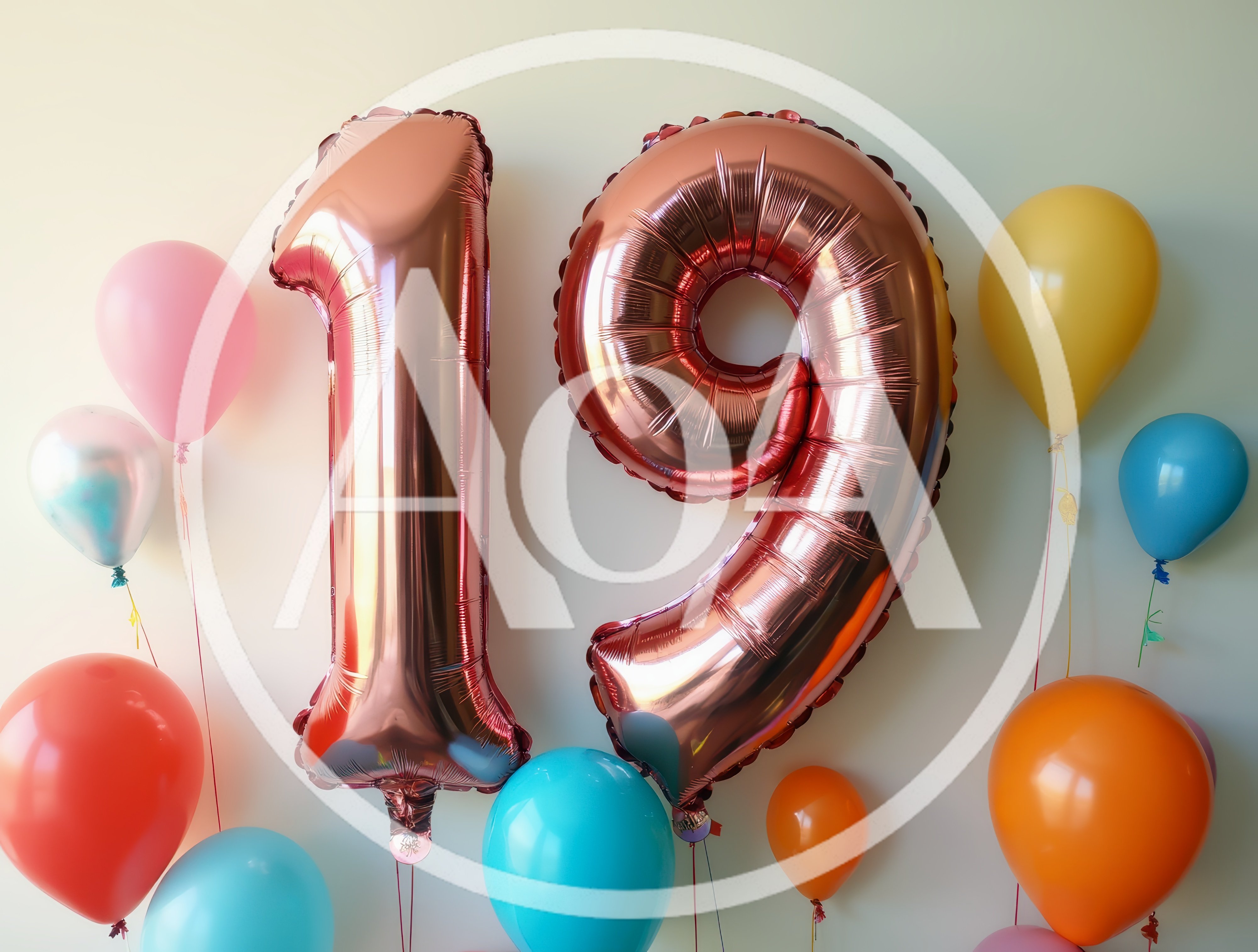 Rose Gold Number Nineteen Balloons With Colorful Party Decor