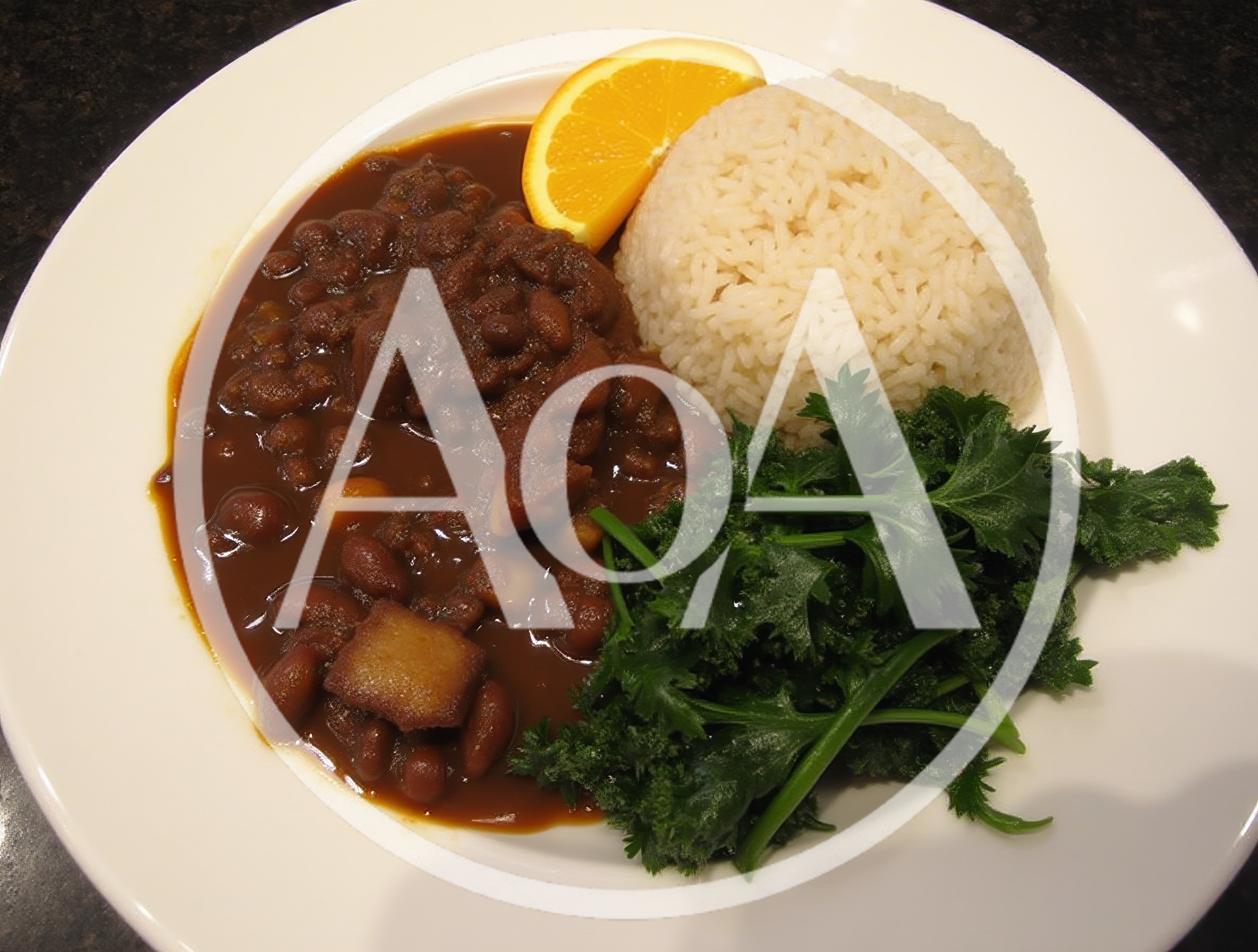 Plate Of Brazilian Feijoada With Rice And Greens