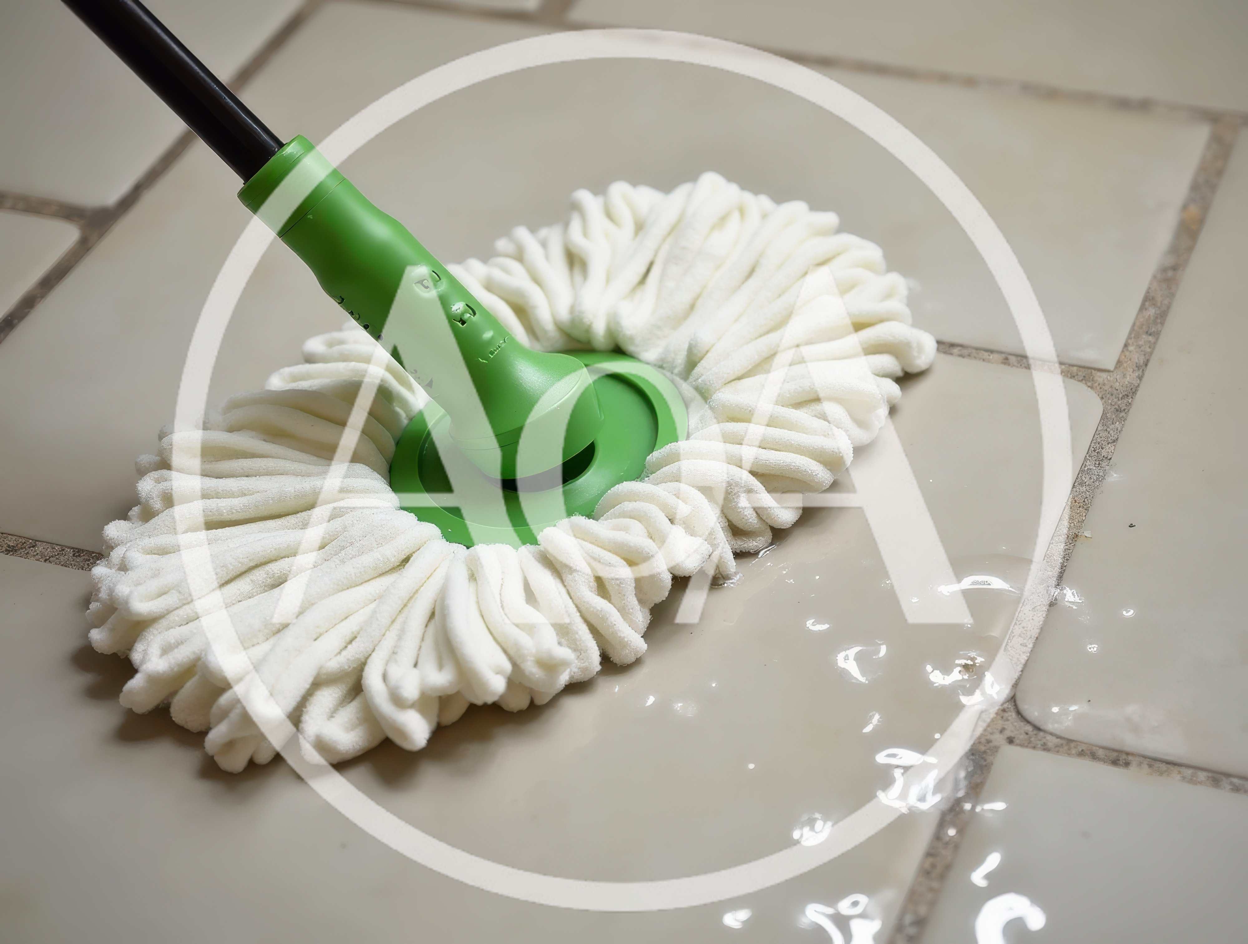 Green Mop Cleaning Wet Tile Floor