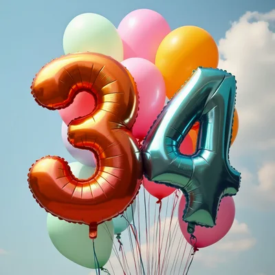 Number 34 Foil Balloons Against Blue Sky