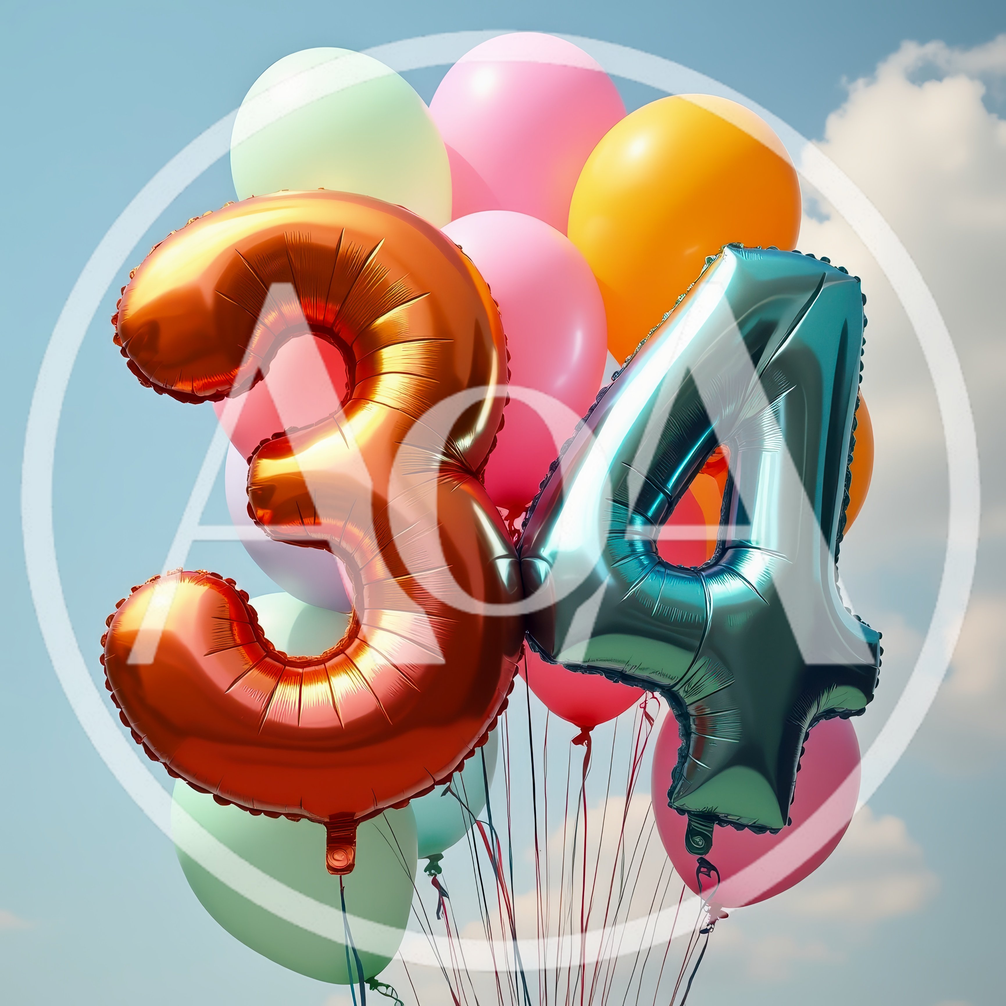 Number 34 Foil Balloons Against Blue Sky