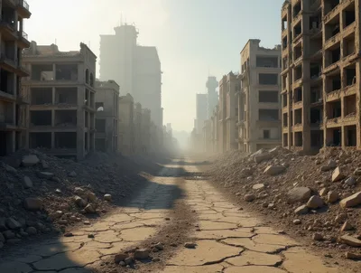 Desolate Ruined City Street After Conflict