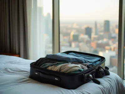 Open Suitcase Packed With Clothes On Hotel Bed