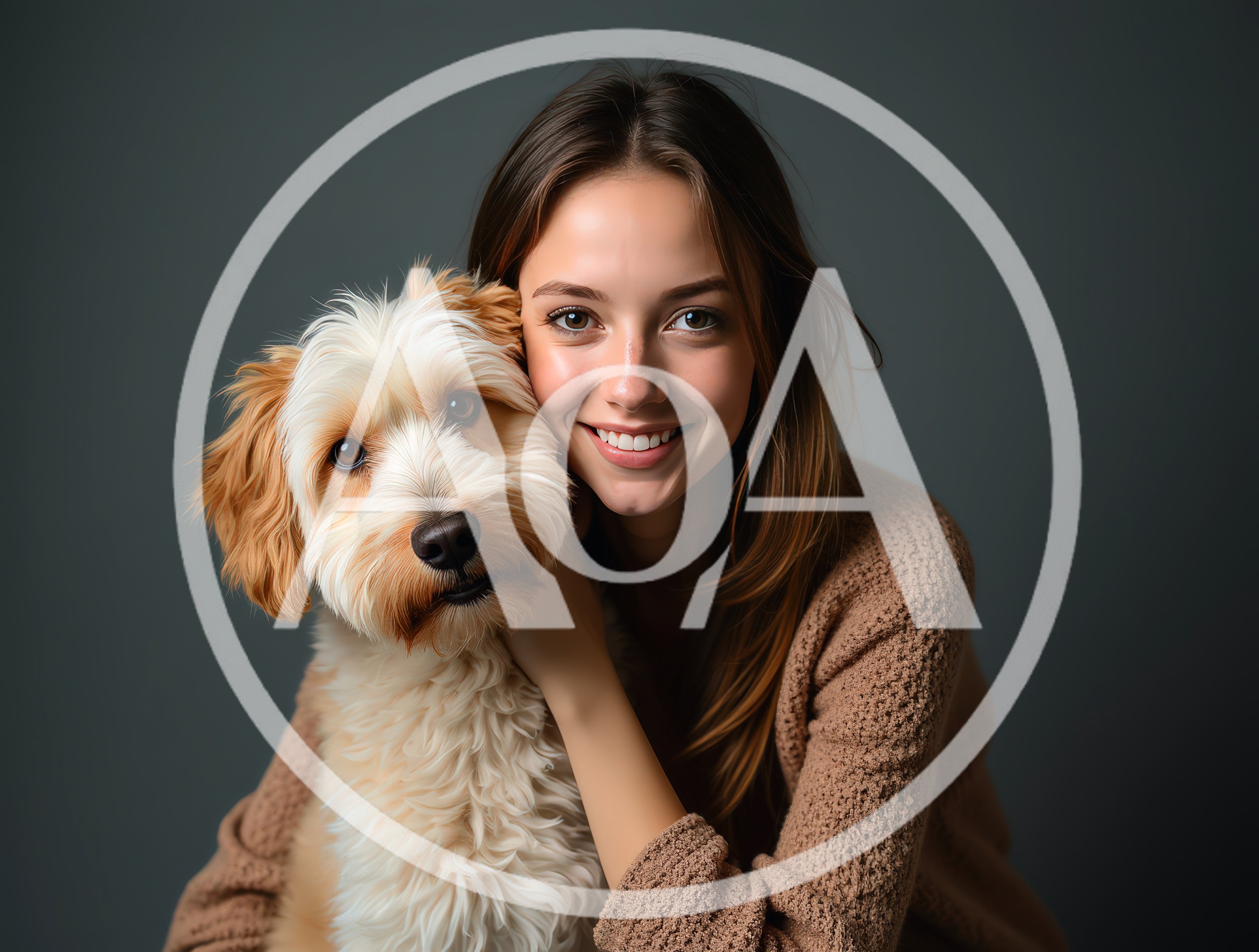 Young Woman Embracing Her Fluffy Goldendoodle Dog