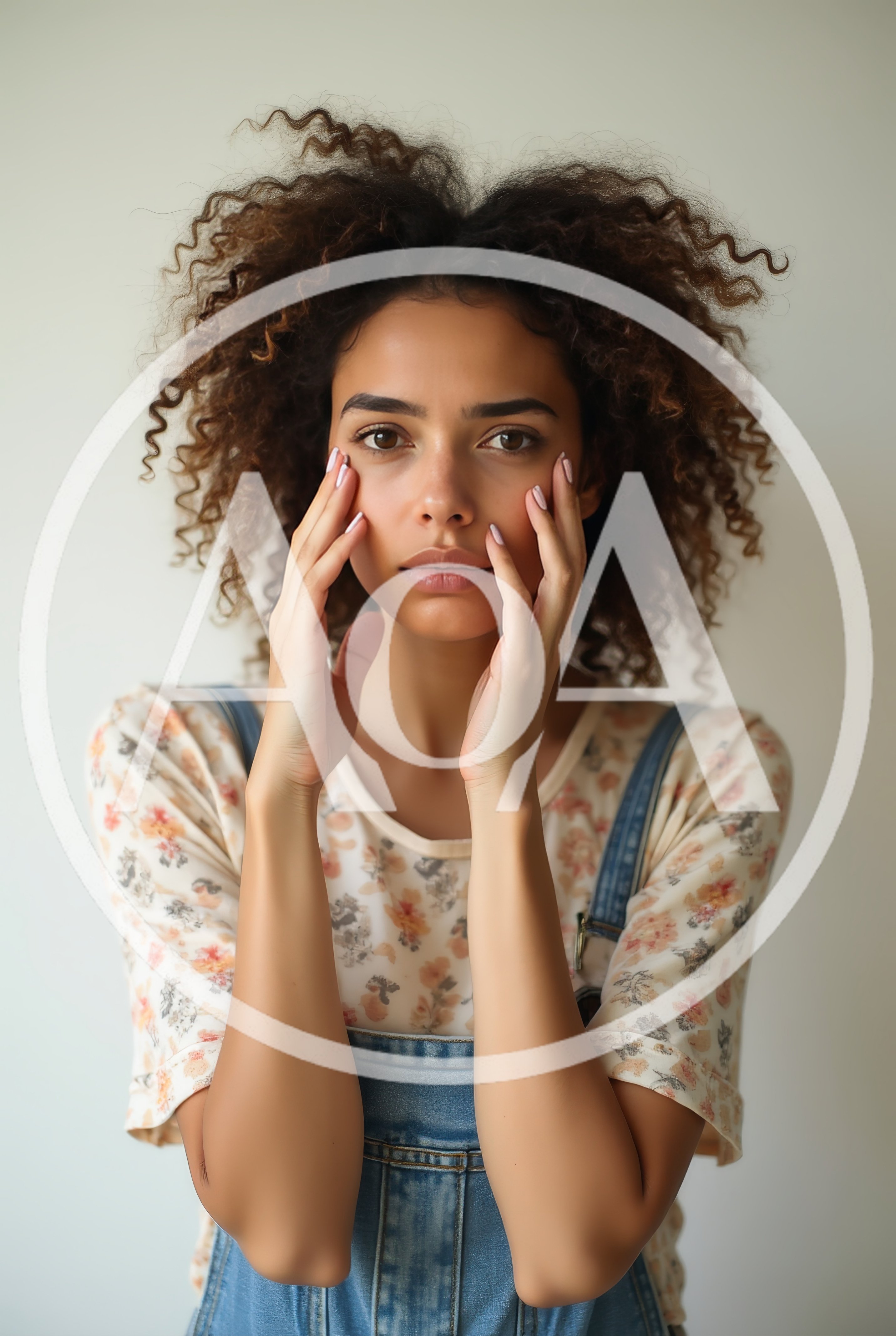 Young Woman With Curly Hair Touching Her Face