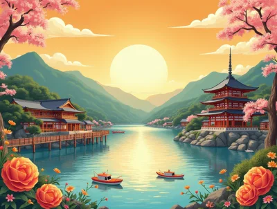 Traditional Japanese Pagoda and Temple by a Serene Lake