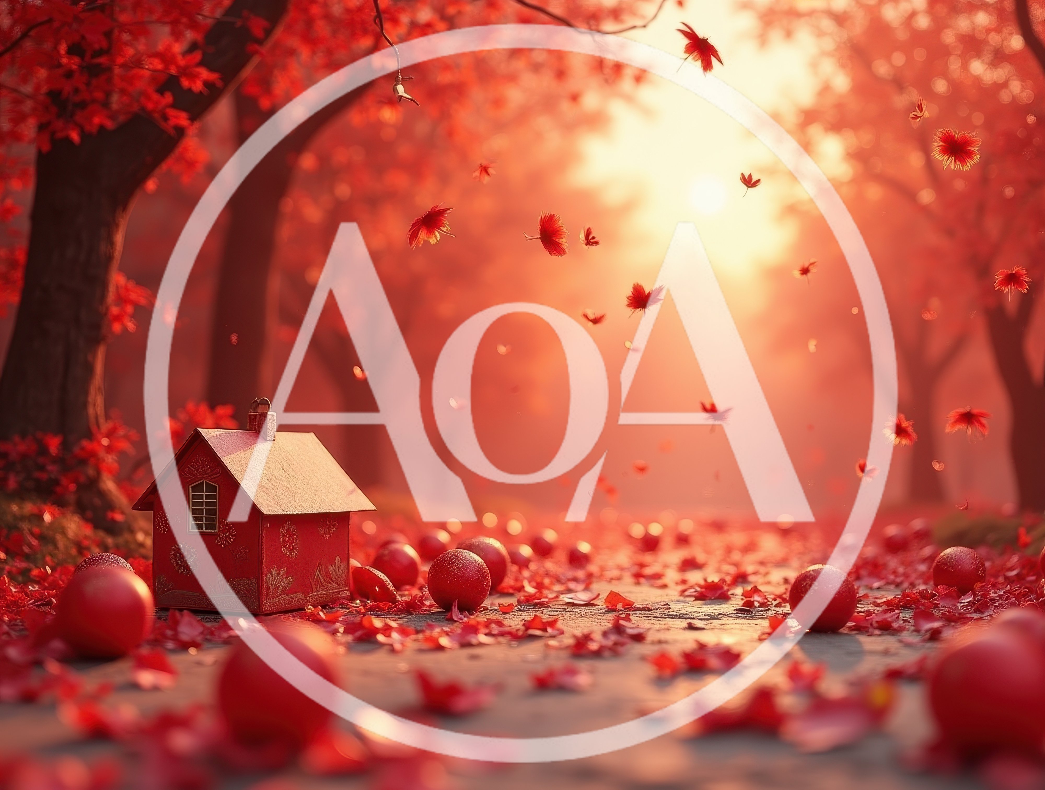 Miniature Red House Amidst Falling Autumn Leaves