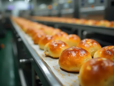 Freshly Baked Bread Rolls on Industrial Conveyor Belt