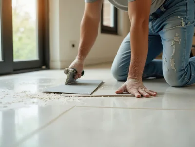 Professional Tiler Installing Ceramic Floor Tiles