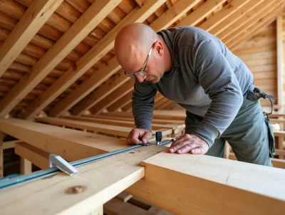 Carpenter Measuring Wooden Beam In Attic Construction