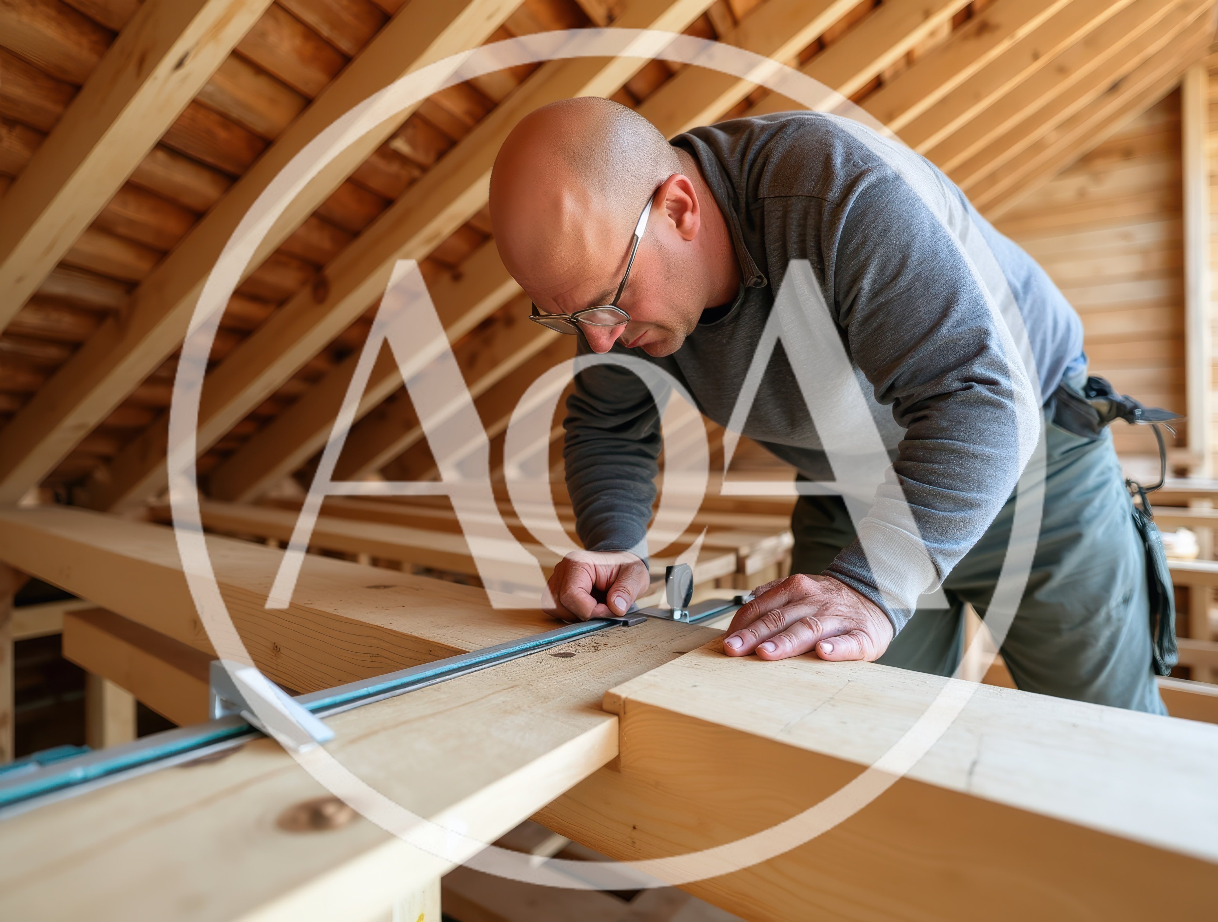 Carpenter Measuring Wooden Beam In Attic Construction