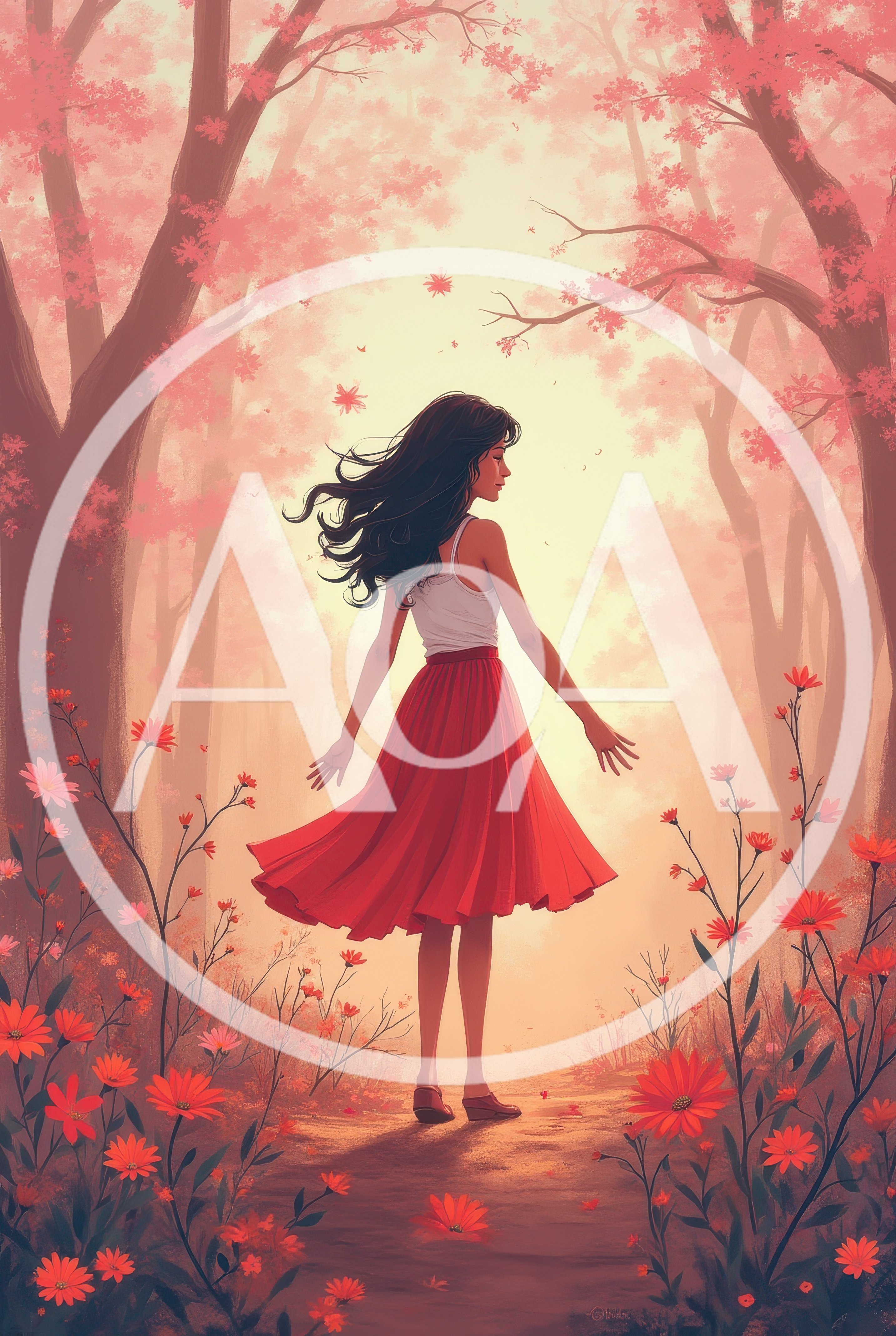 Young Woman Dancing In A Dreamy Pink Forest