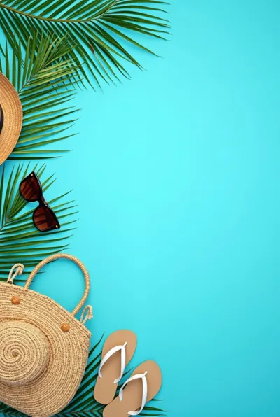 Summer Vacation Accessories on Bright Blue Background