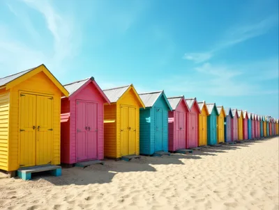 Colorful Beach Huts In A Row On Sandy Beach