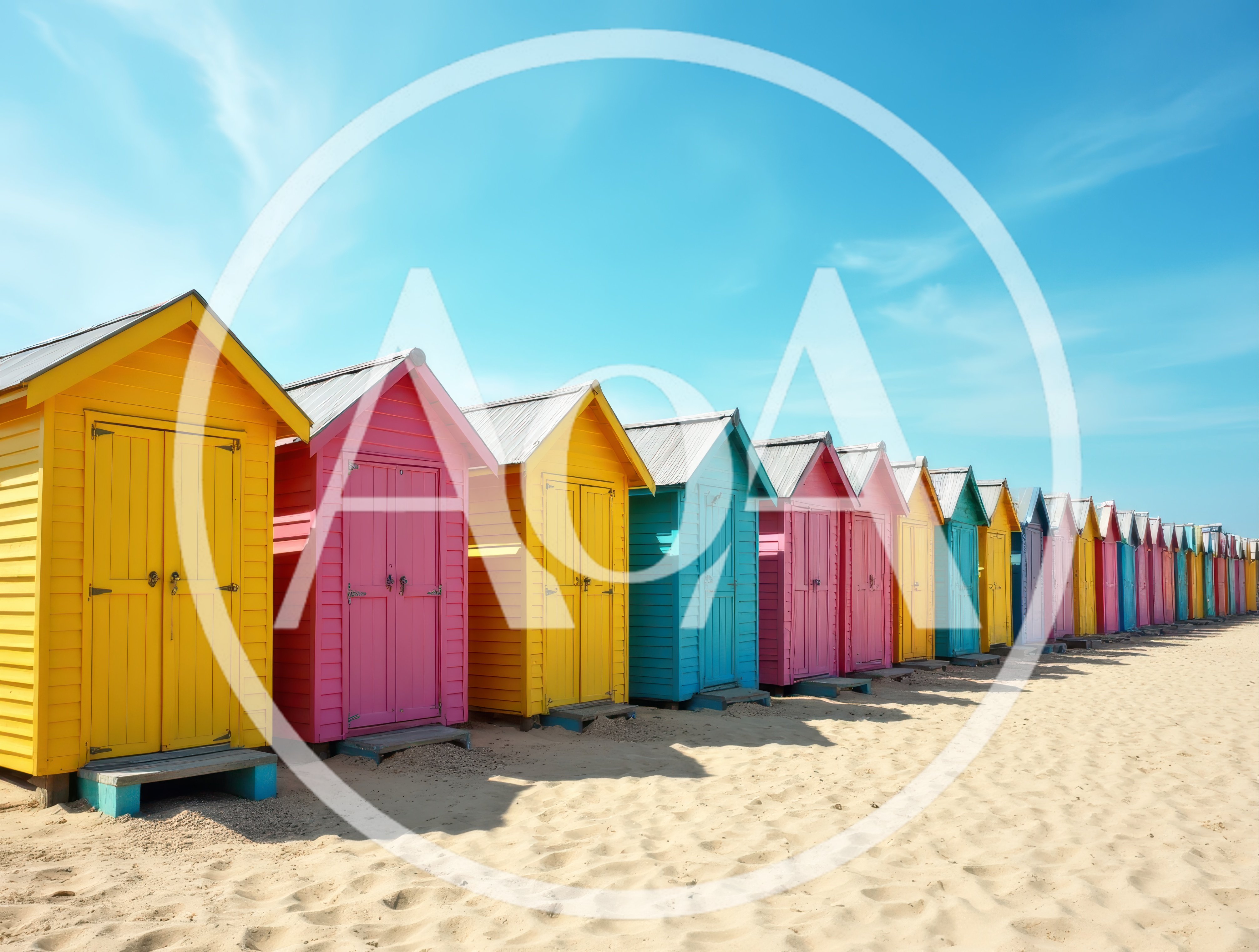 Colorful Beach Huts In A Row On Sandy Beach