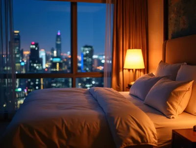 Luxury Hotel Bedroom With City Skyline View At Night