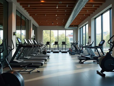 Modern Gym Interior With Rows Of Treadmills