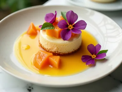 Gourmet Mini Cheesecake With Mango Sauce And Flowers
