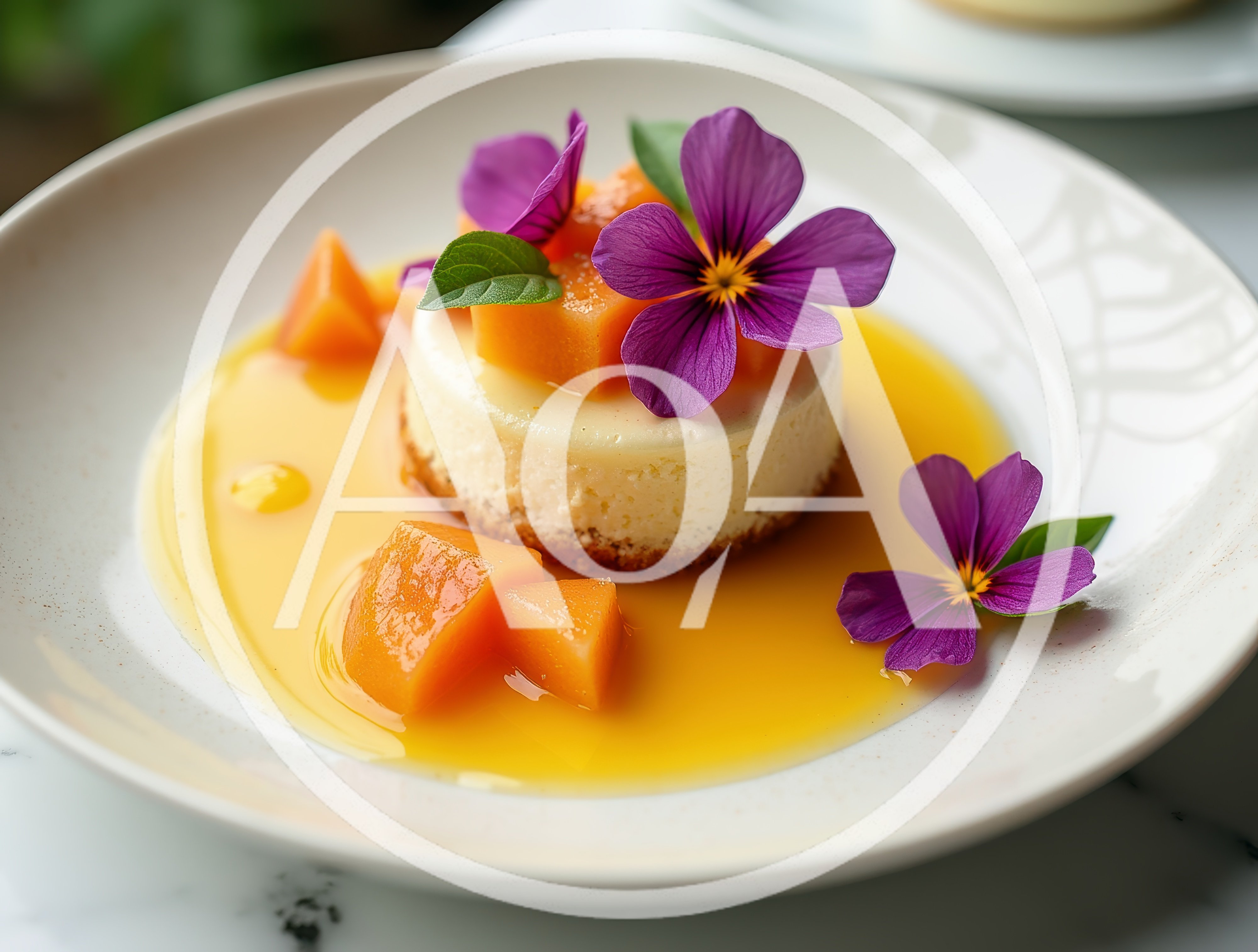 Gourmet Mini Cheesecake With Mango Sauce And Flowers