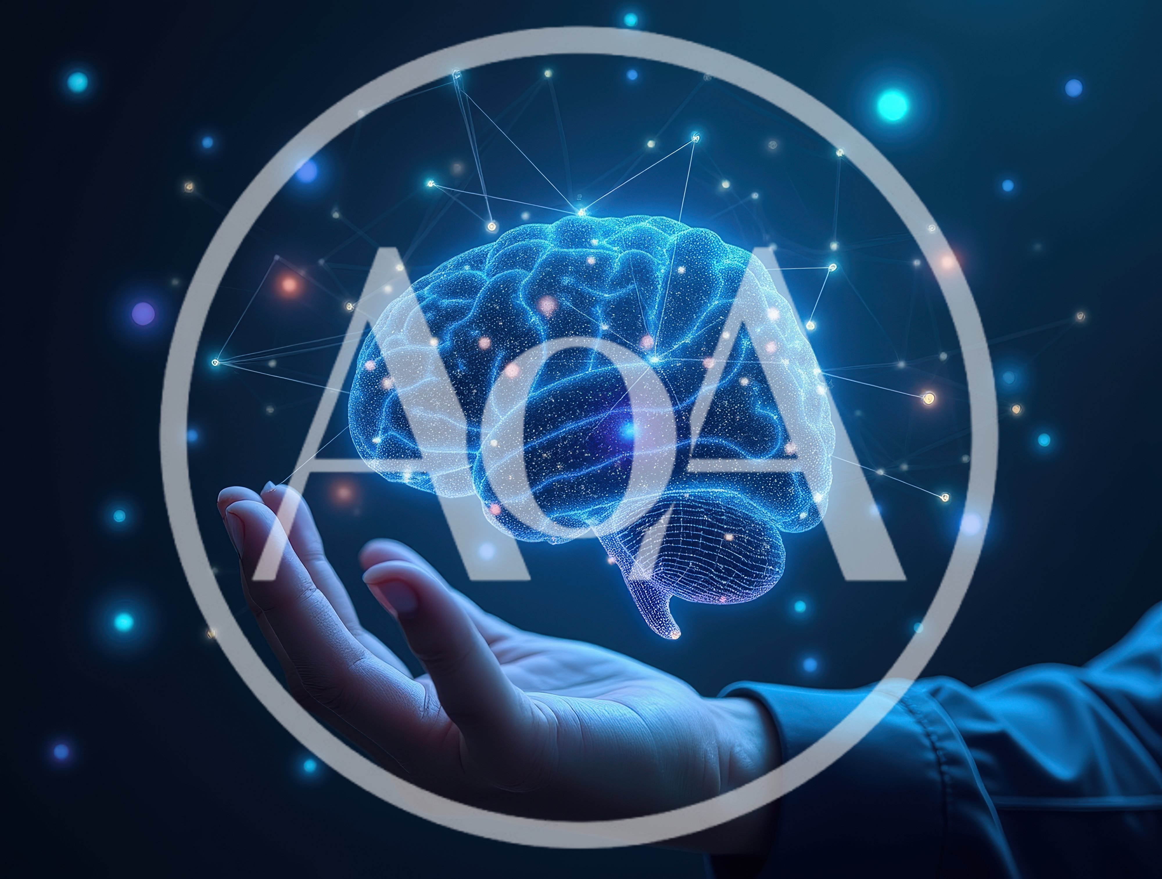 Digital Human Brain Hologram Floating Above Human Hand