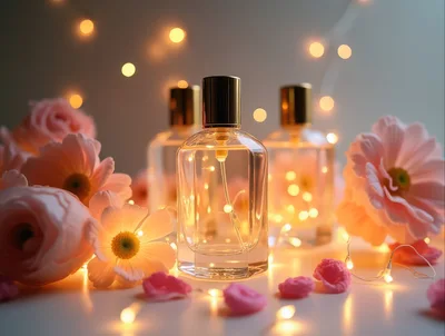 Perfume Bottles Surrounded By Pink Flowers And Fairy Lights