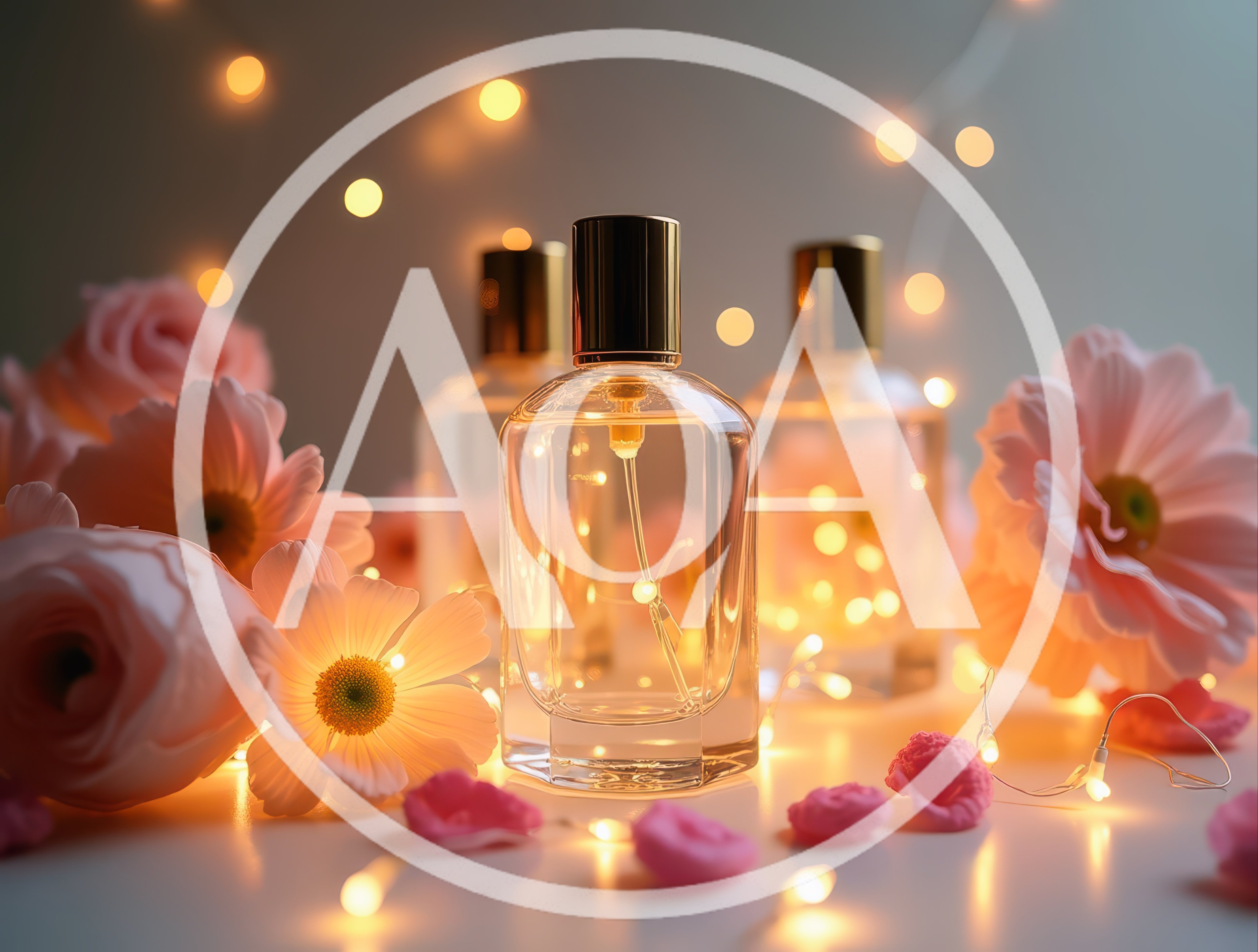 Perfume Bottles Surrounded By Pink Flowers And Fairy Lights