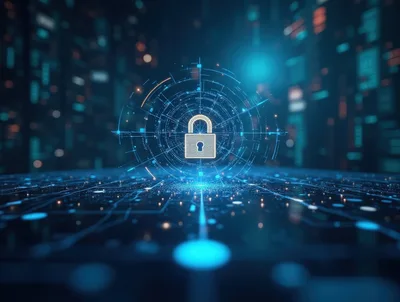 Digital Security Padlock Icon Over Circuit Board