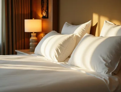Sunlit Bed With White Pillows In A Hotel Room