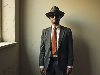 Man In Fedora And Suit Standing By Window