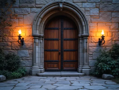 Gothic Stone Entrance With Flaming Wall Torches
