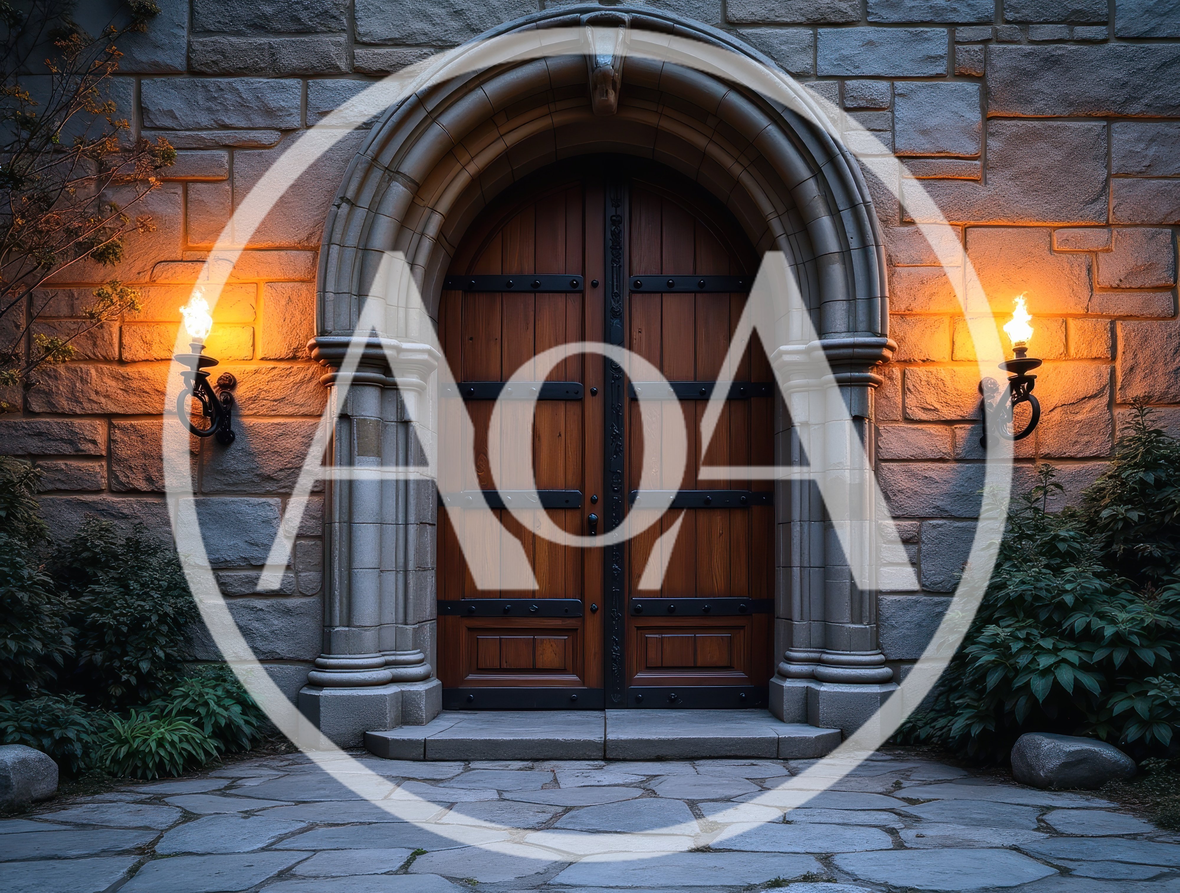 Gothic Stone Entrance With Flaming Wall Torches