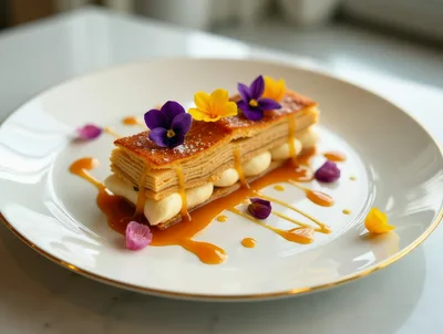 Gourmet Mille-Feuille Dessert Plated With Edible Flowers