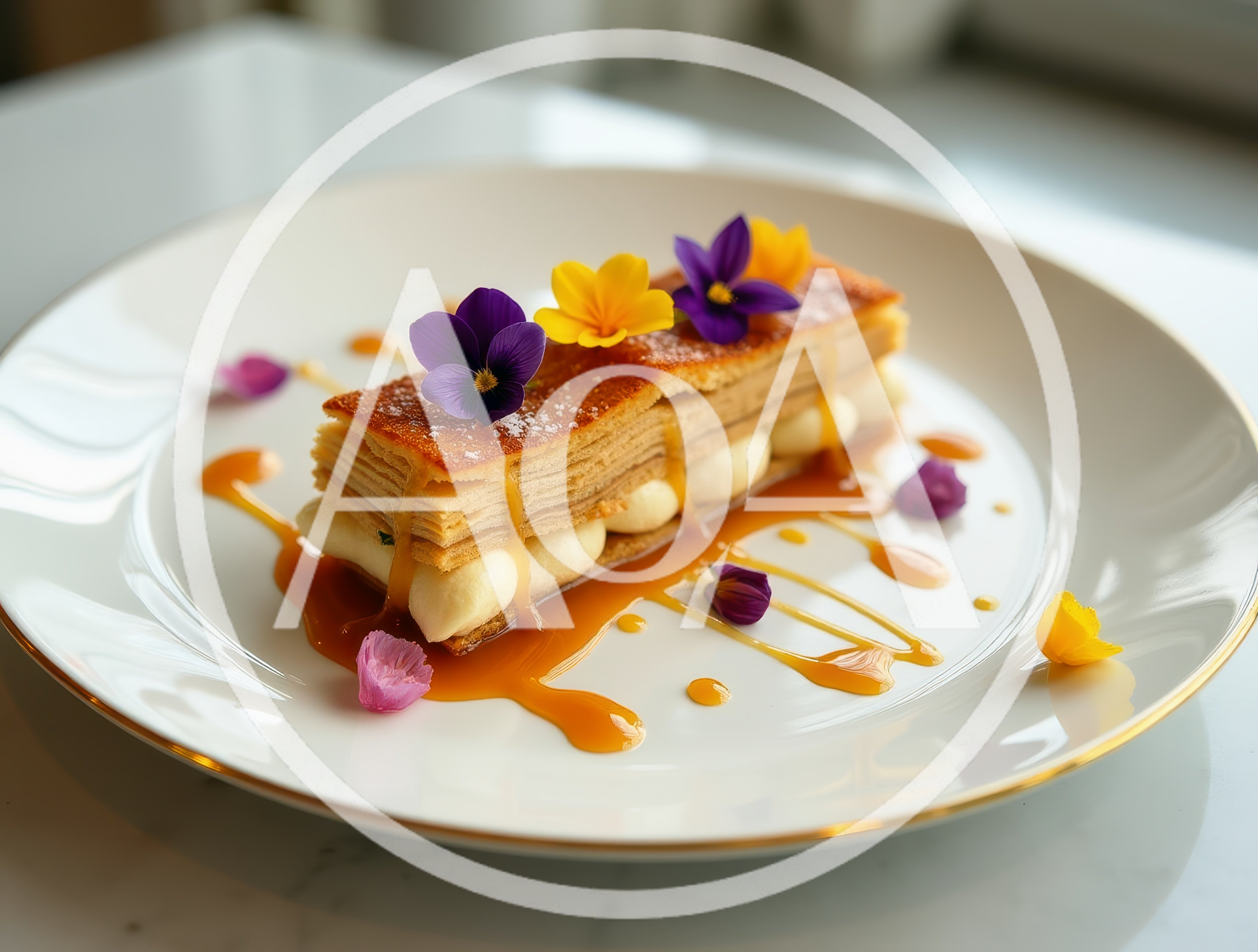 Gourmet Mille-Feuille Dessert Plated With Edible Flowers