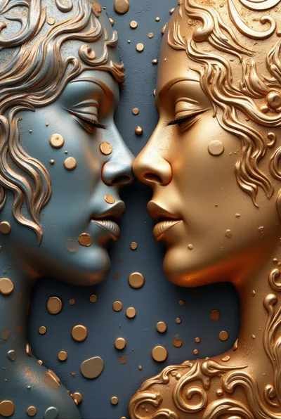 Abstract Sculptural Faces In Gold And Silver