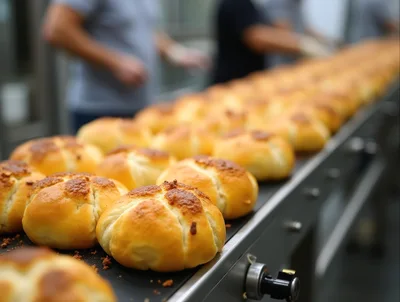 Fresh Bread Rolls Moving Along Industrial Conveyor Belt