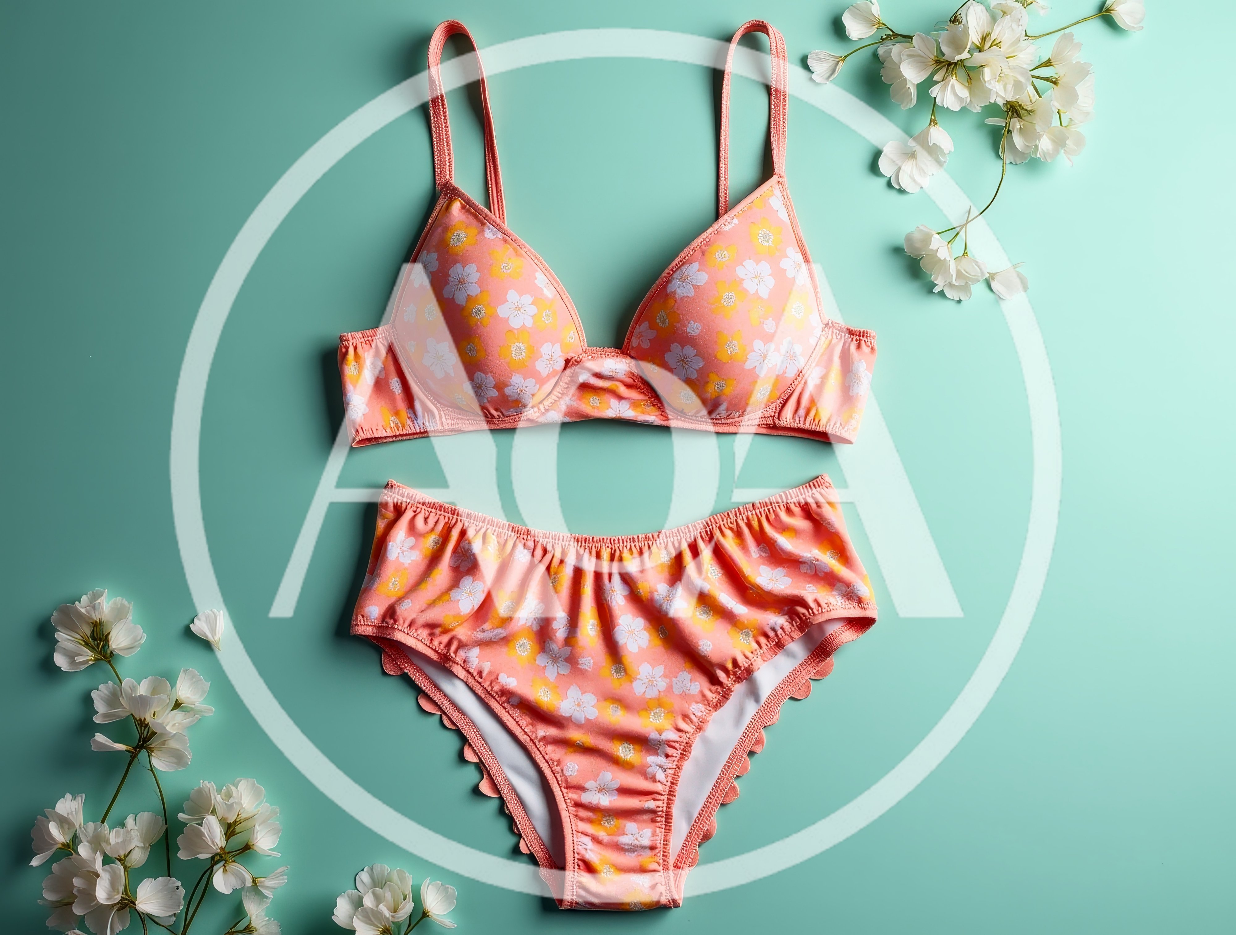 Floral Print Bikini Set on Teal Background