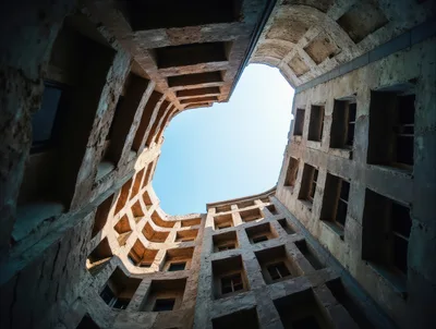 Low Angle View Of Abandoned Brutalist Apartment Building