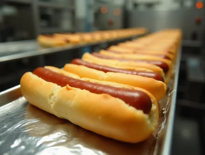 Rows of Hot Dogs on Industrial Baking Trays